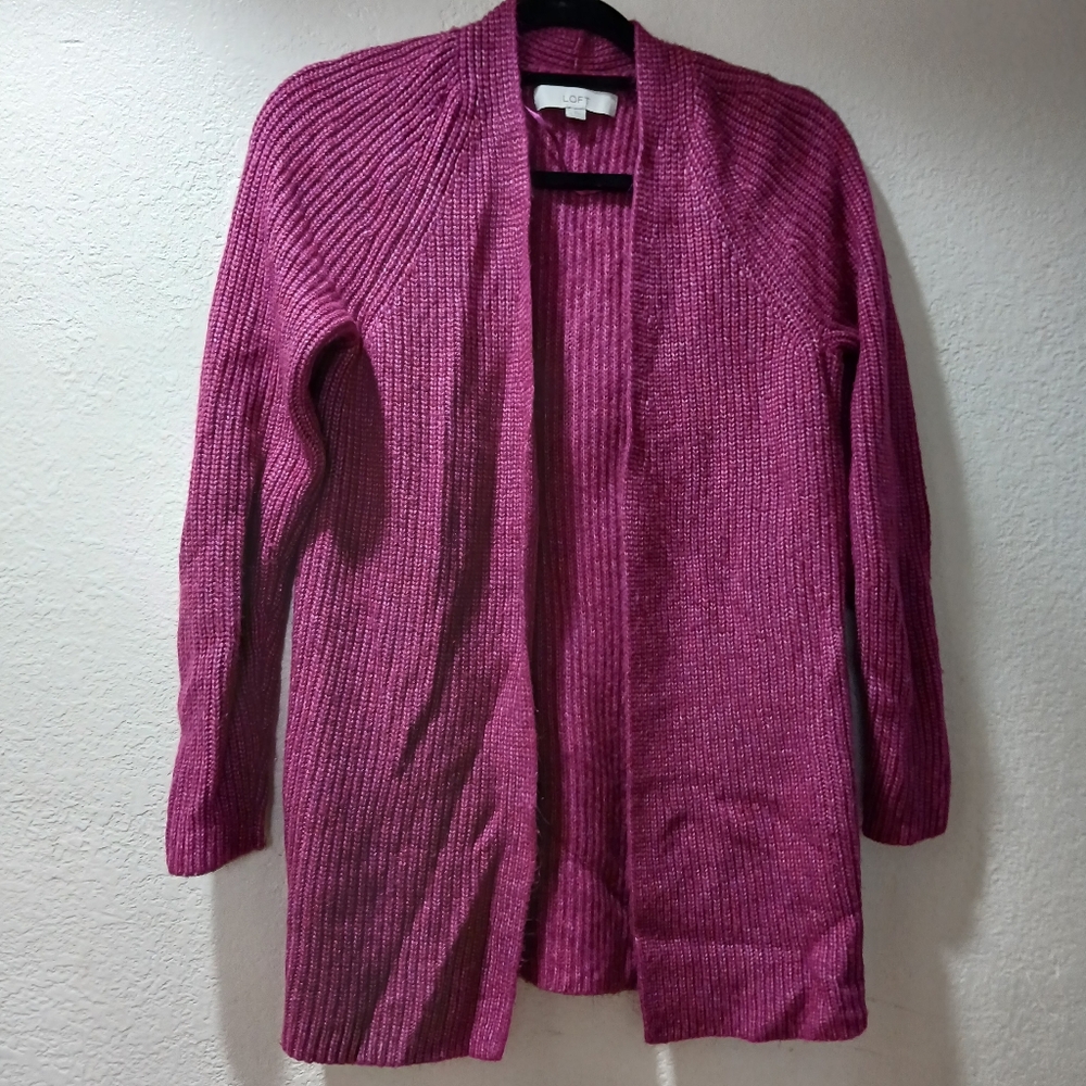 LOFT Magenta Open-Front Ribbed Cardigan